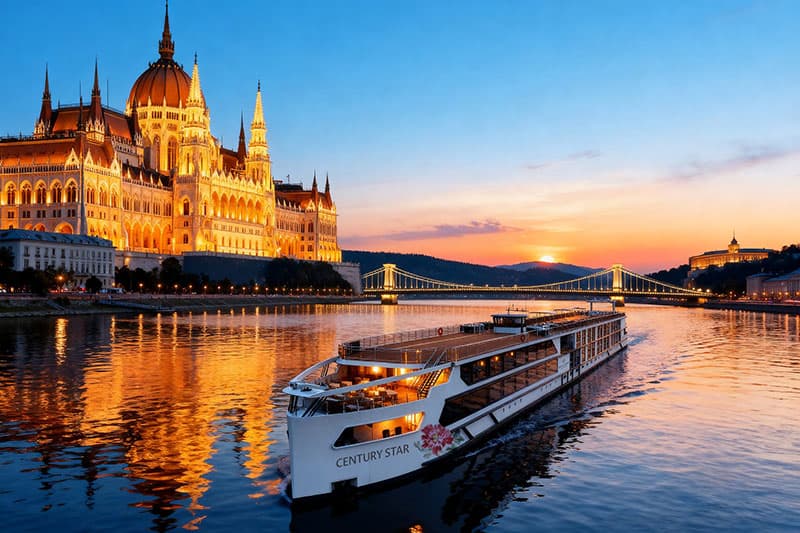 Century Star moored on the Danube at dusk, the floodlit Parliament building behind her
