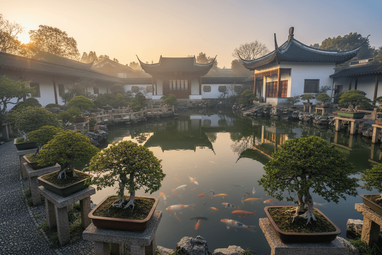 A walled classical garden at dawn — bonsai on stone plinths around a still pond of koi