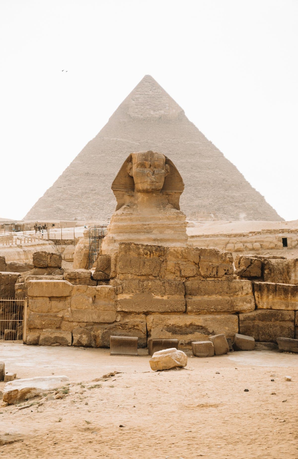 The Great Sphinx in front of a pyramid at Giza under a pale sky