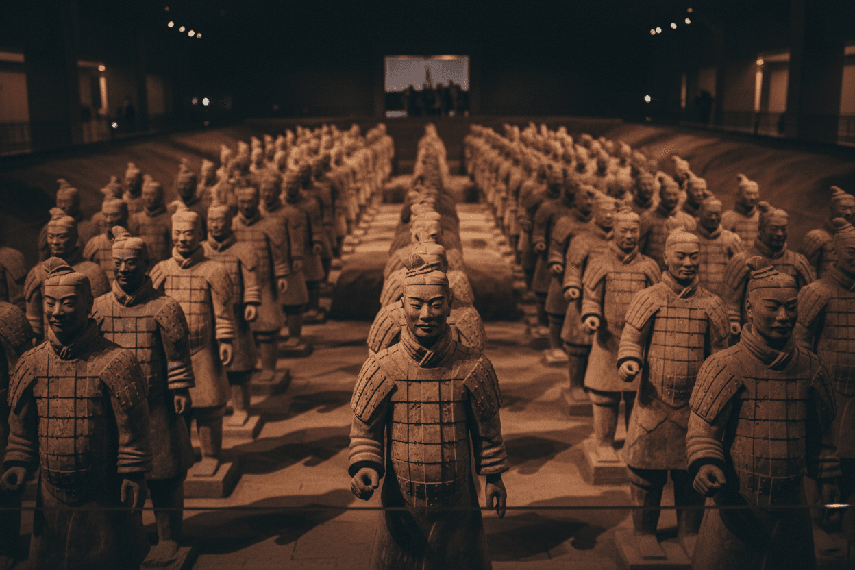 Ranks of terracotta warrior figures standing in a low-lit vaulted hall