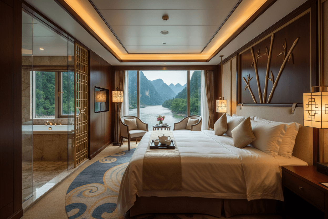 A river-view suite: a wide bed facing full-height glass onto forested cliffs