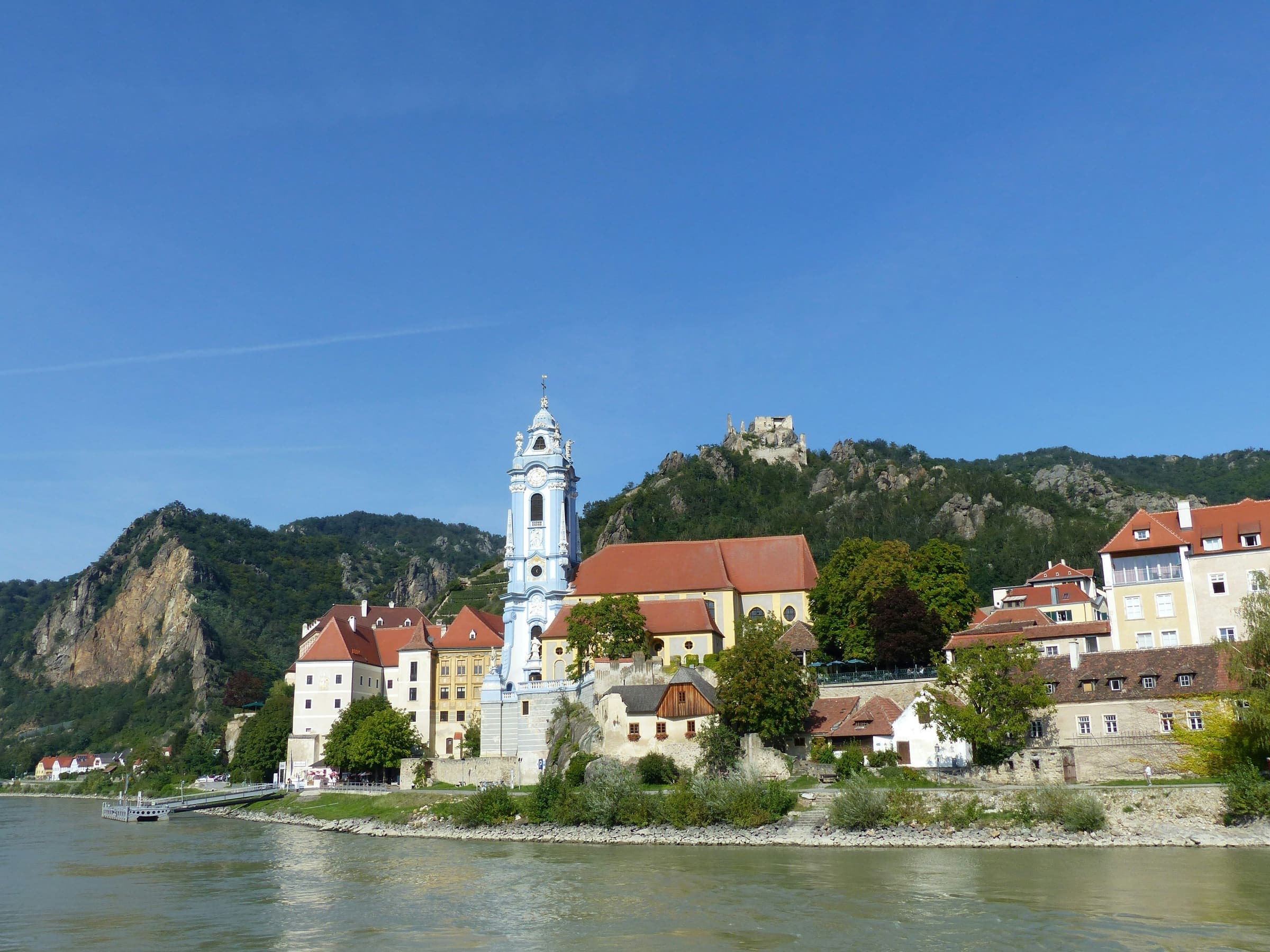 Dürnstein on the Danube, its blue church tower below a ruined hilltop castle
