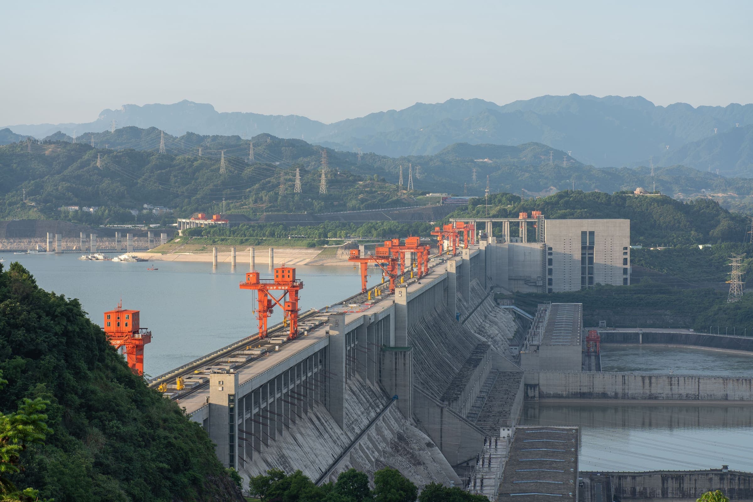 The Three Gorges Dam spanning the Yangtze, seen from the water upstream